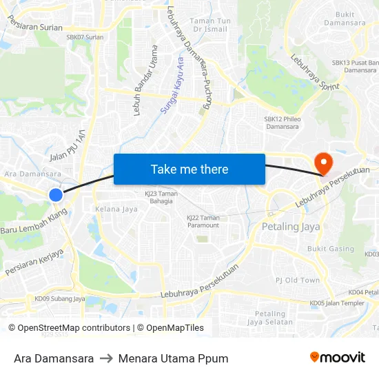 Ara Damansara to Menara Utama Ppum map