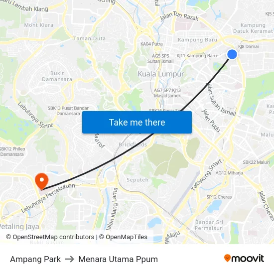 Ampang Park to Menara Utama Ppum map