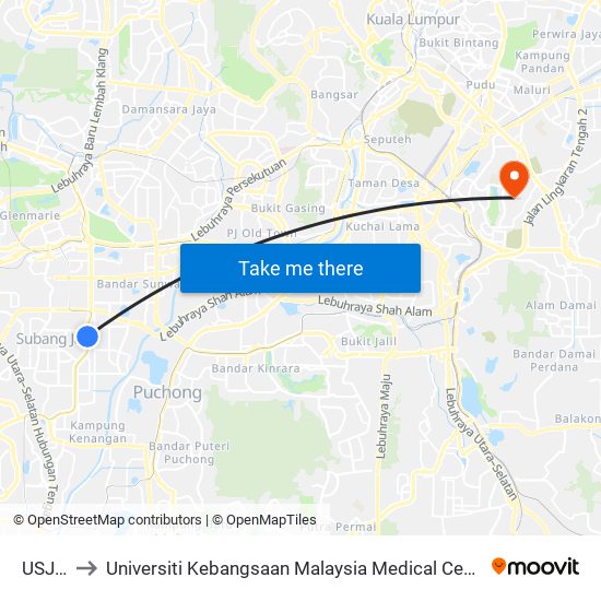 USJ 7 to Universiti Kebangsaan Malaysia Medical Centre map