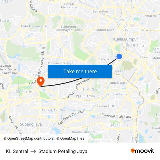 KL Sentral to Stadium Petaling Jaya map