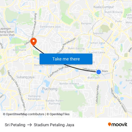 Sri Petaling to Stadium Petaling Jaya map