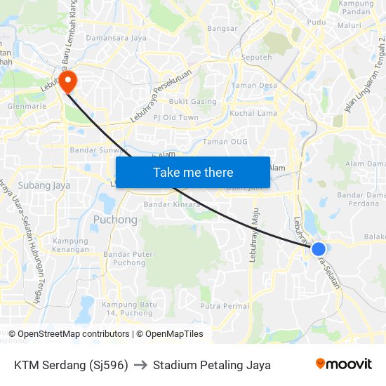 KTM Serdang (Sj596) to Stadium Petaling Jaya map