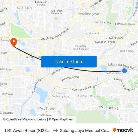 LRT Awan Besar (Kl2324) to Subang Jaya Medical Centre map