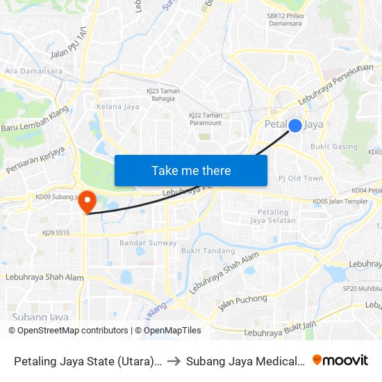 Petaling Jaya State (Utara) (Pj433) to Subang Jaya Medical Centre map