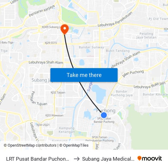 LRT Pusat Bandar Puchong (Sj735) to Subang Jaya Medical Centre map