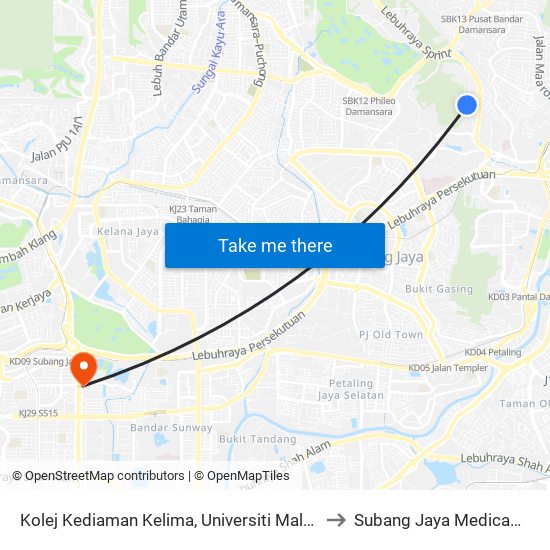 Kolej Kediaman Kelima, Universiti Malaya (Kl2343) to Subang Jaya Medical Centre map