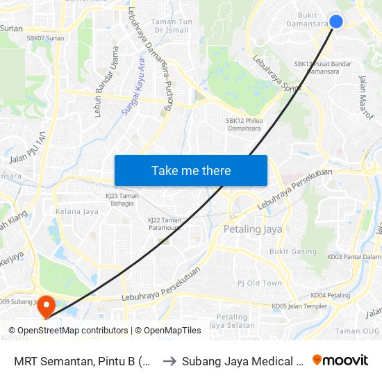 MRT Semantan, Pintu B (Kl1174) to Subang Jaya Medical Centre map