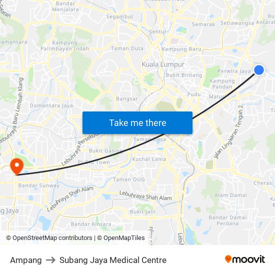Ampang to Subang Jaya Medical Centre map