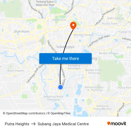 Putra Heights to Subang Jaya Medical Centre map