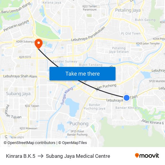 Kinrara B.K.5 to Subang Jaya Medical Centre map