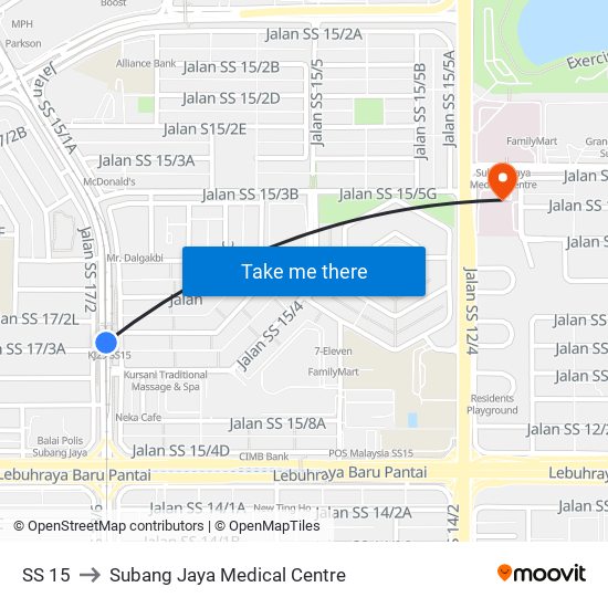 SS 15 to Subang Jaya Medical Centre map