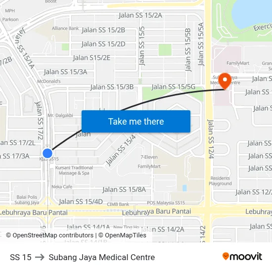 SS 15 to Subang Jaya Medical Centre map