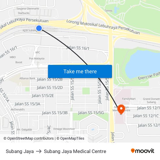 Subang Jaya to Subang Jaya Medical Centre map