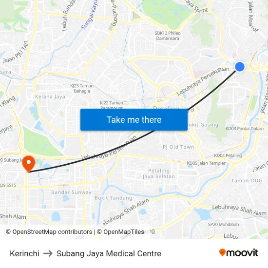 Kerinchi to Subang Jaya Medical Centre map
