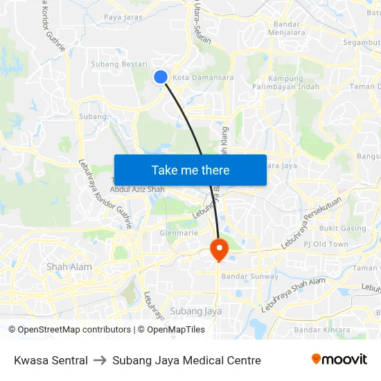 Kwasa Sentral to Subang Jaya Medical Centre map