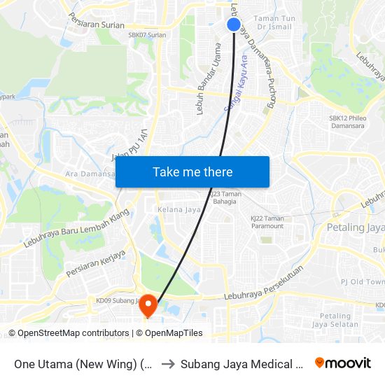 One Utama (New Wing) (Pj721) to Subang Jaya Medical Centre map