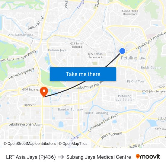 LRT Asia Jaya (Pj436) to Subang Jaya Medical Centre map