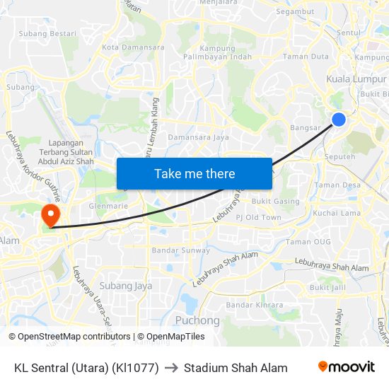 KL Sentral (Utara) (Kl1077) to Stadium Shah Alam map