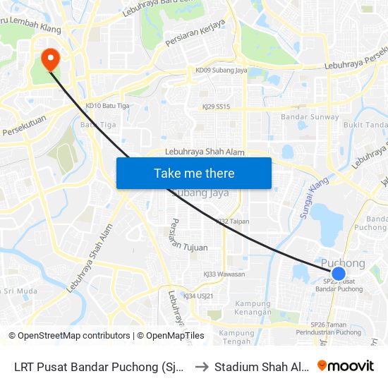 LRT Pusat Bandar Puchong (Sj735) to Stadium Shah Alam map