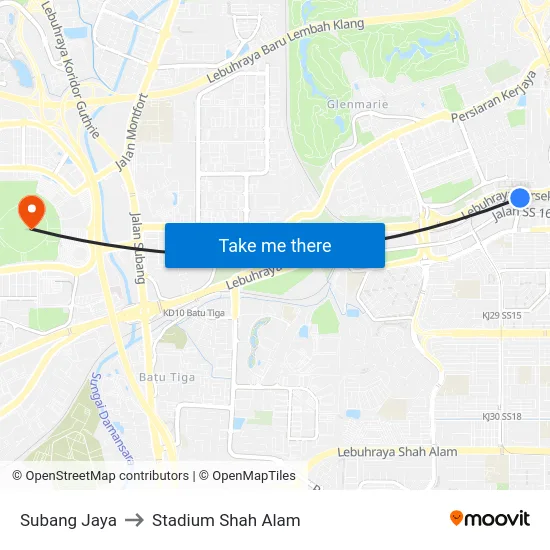 Subang Jaya to Stadium Shah Alam map