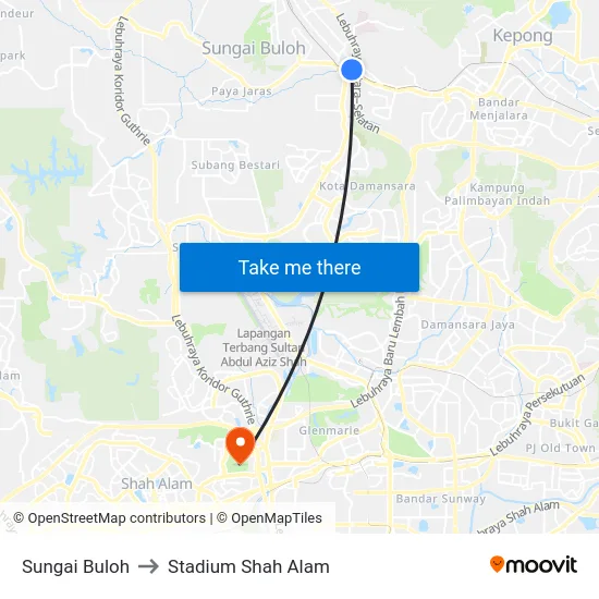 Sungai Buloh to Stadium Shah Alam map