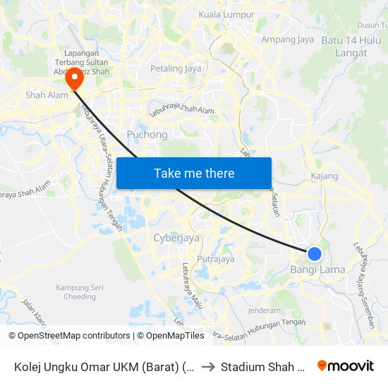 Kolej Ungku Omar UKM (Barat) (Kj228) to Stadium Shah Alam map