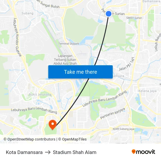 Kota Damansara to Stadium Shah Alam map