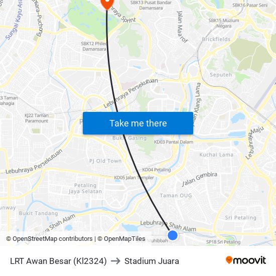 LRT Awan Besar (Kl2324) to Stadium Juara map