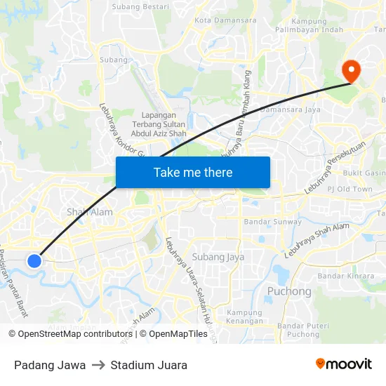 Padang Jawa to Stadium Juara map