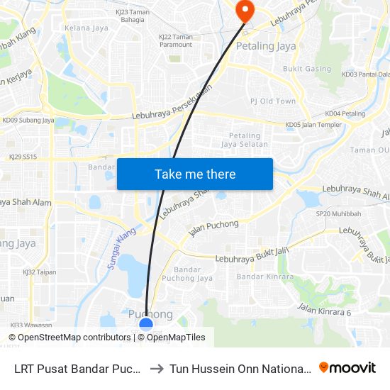 LRT Pusat Bandar Puchong (Sj735) to Tun Hussein Onn National Eye Hospital map