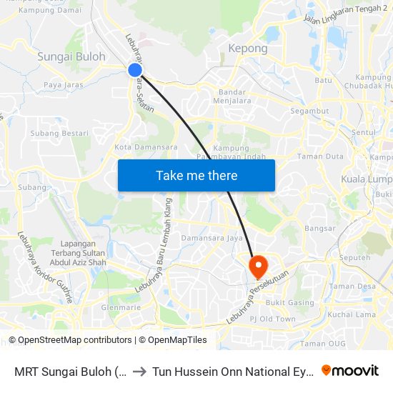 MRT Sungai Buloh (Sa995) to Tun Hussein Onn National Eye Hospital map