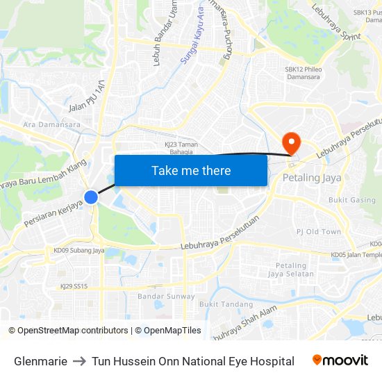 Glenmarie to Tun Hussein Onn National Eye Hospital map