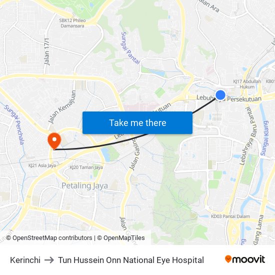 Kerinchi to Tun Hussein Onn National Eye Hospital map