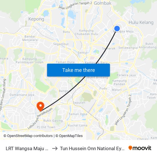 LRT Wangsa Maju (Kl170) to Tun Hussein Onn National Eye Hospital map