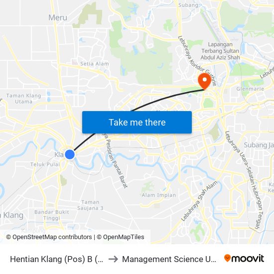 Hentian Klang (Pos) B (Bd664) to Management Science University map