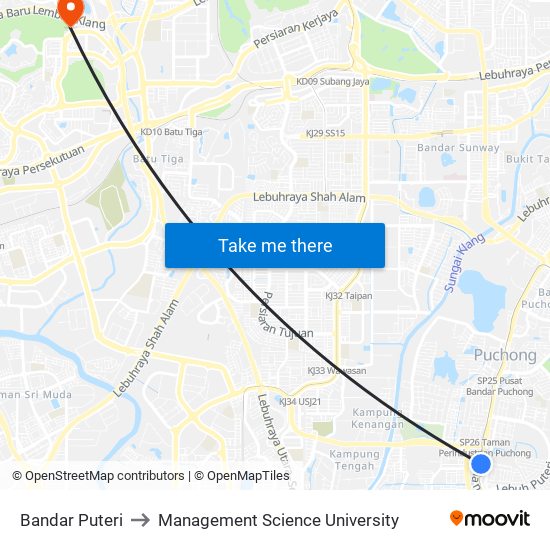 Bandar Puteri to Management Science University map