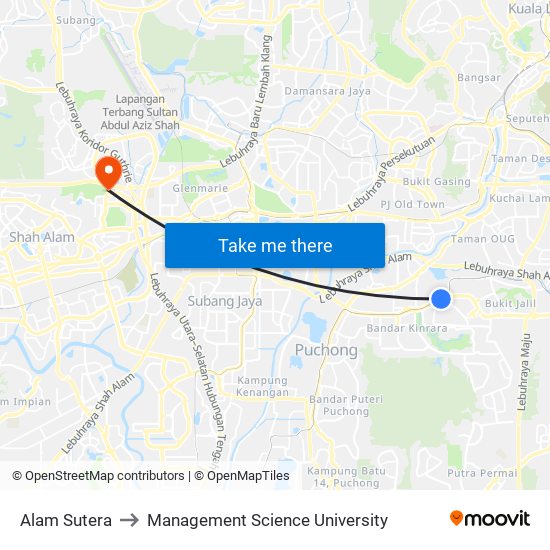 Alam Sutera to Management Science University map