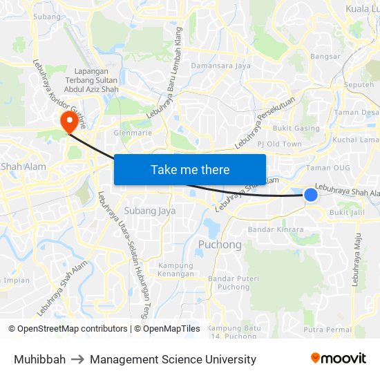 Muhibbah to Management Science University map