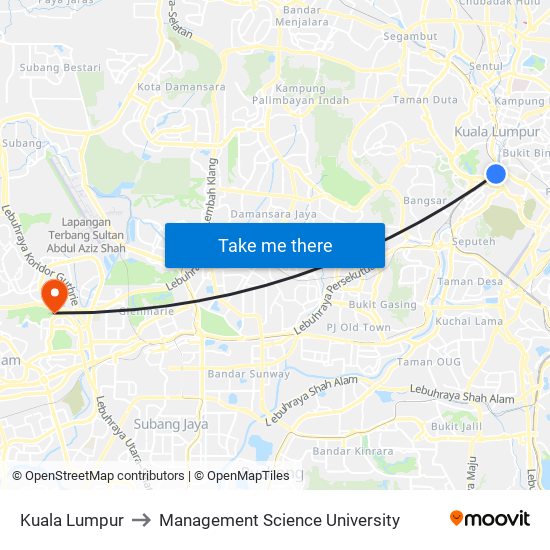 Kuala Lumpur to Management Science University map