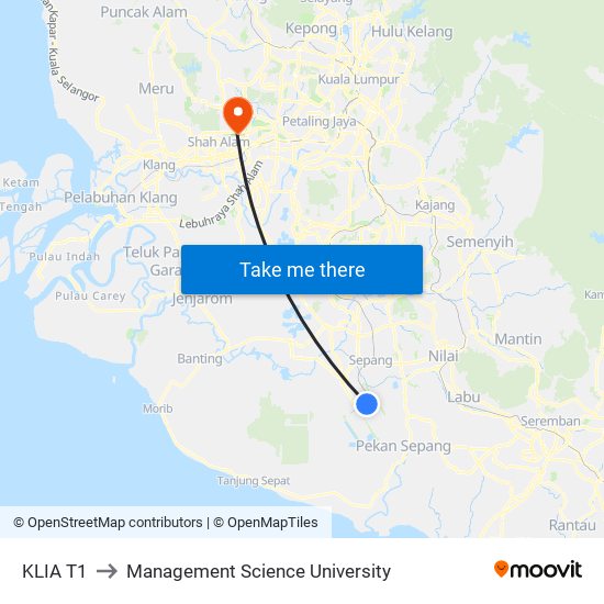 KLIA T1 to Management Science University map