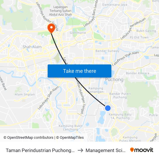 Taman Perindustrian Puchong Utama (Utara) (Sj304) to Management Science University map