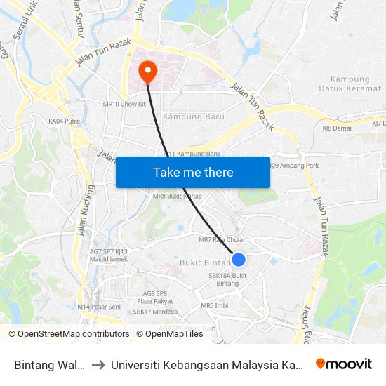 Bintang Walk (Kl85) to Universiti Kebangsaan Malaysia Kampus Kuala Lumpur map