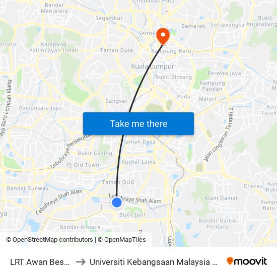 LRT Awan Besar (Kl2324) to Universiti Kebangsaan Malaysia Kampus Kuala Lumpur map