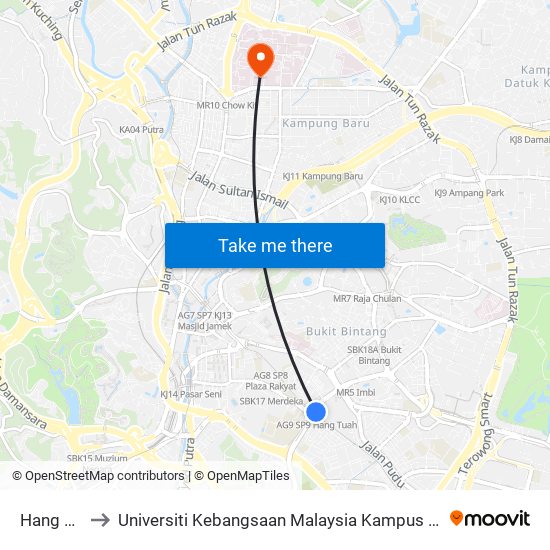 Hang Tuah to Universiti Kebangsaan Malaysia Kampus Kuala Lumpur map