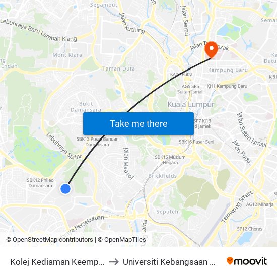 Kolej Kediaman Keempat, Universiti Malaya (Kl2348) to Universiti Kebangsaan Malaysia Kampus Kuala Lumpur map