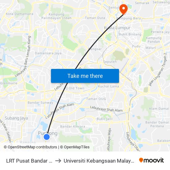 LRT Pusat Bandar Puchong (Sj735) to Universiti Kebangsaan Malaysia Kampus Kuala Lumpur map