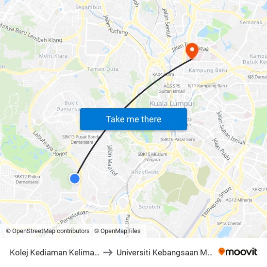 Kolej Kediaman Kelima, Universiti Malaya (Kl2343) to Universiti Kebangsaan Malaysia Kampus Kuala Lumpur map