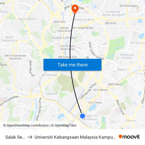 Salak Selatan to Universiti Kebangsaan Malaysia Kampus Kuala Lumpur map