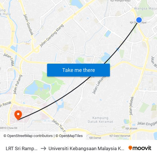 LRT Sri Rampai (Kl746) to Universiti Kebangsaan Malaysia Kampus Kuala Lumpur map