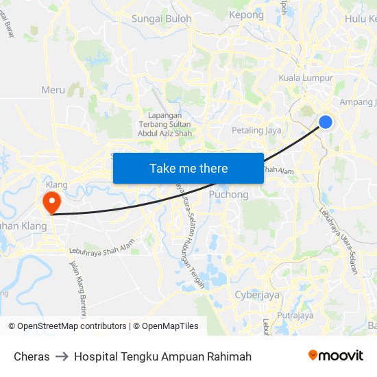 Cheras to Hospital Tengku Ampuan Rahimah map